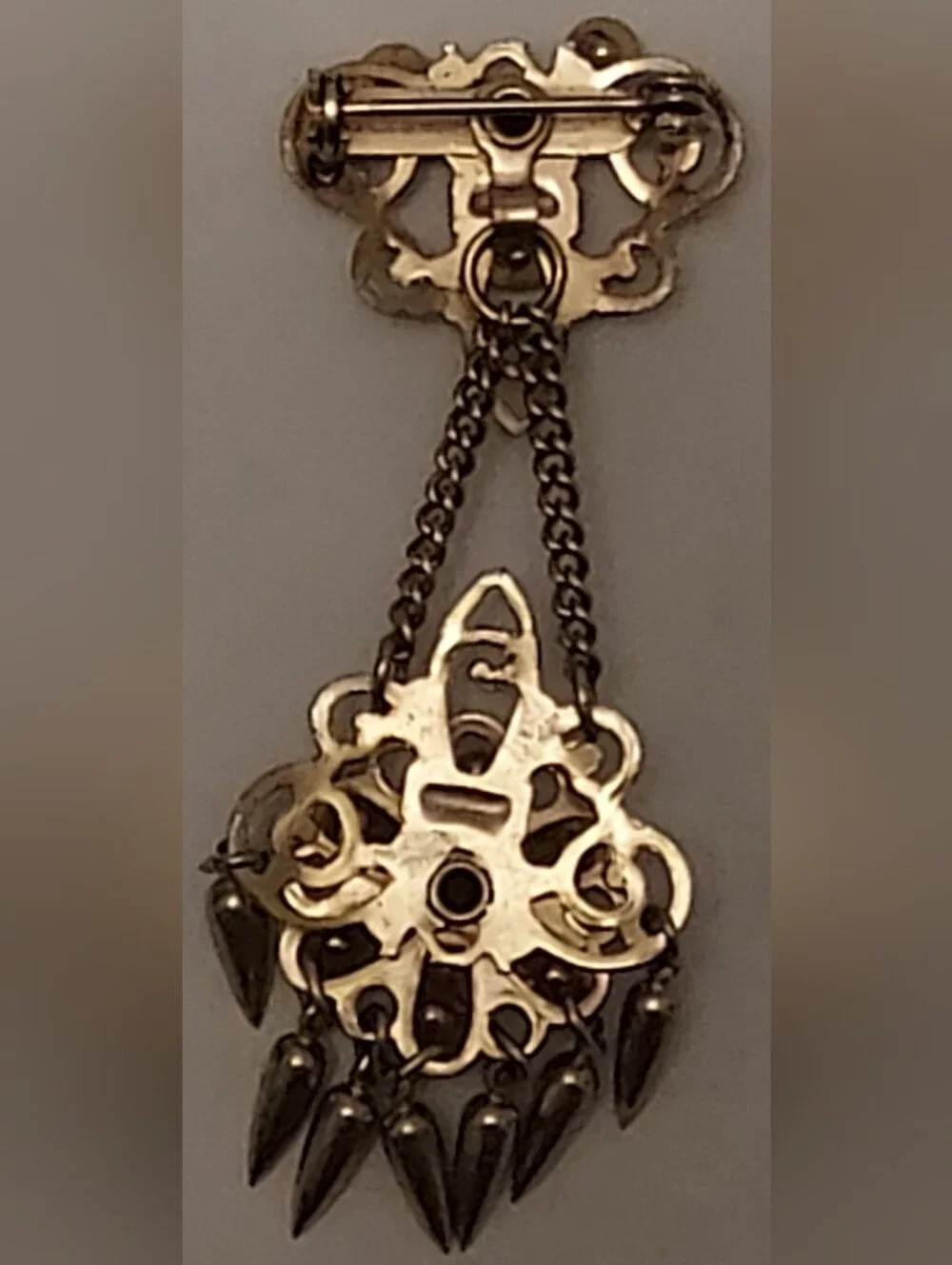 Vintage Goldtone Filigree Chatelaine Brooch Blue Rhinestones Faux Pearls 2.5in.
